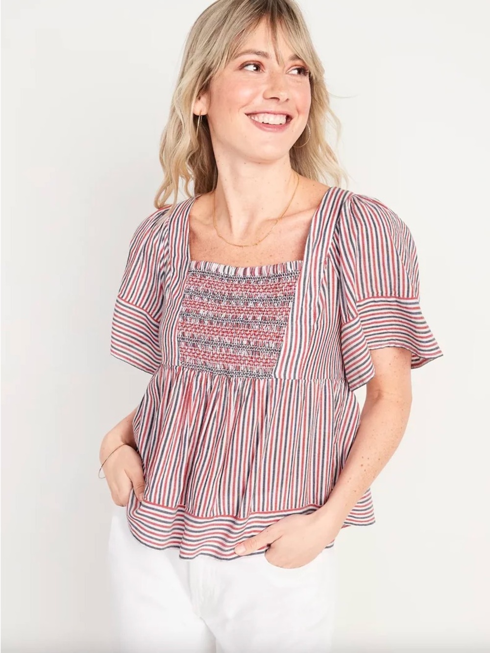 NWT Old Navy Red White Blue Striped Smocked Square-Neck Peplum Top Women’s Small